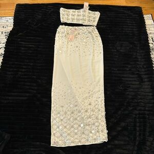 Oh Polly White Sequin Maxi Skirt Set With Slit - Never Worn